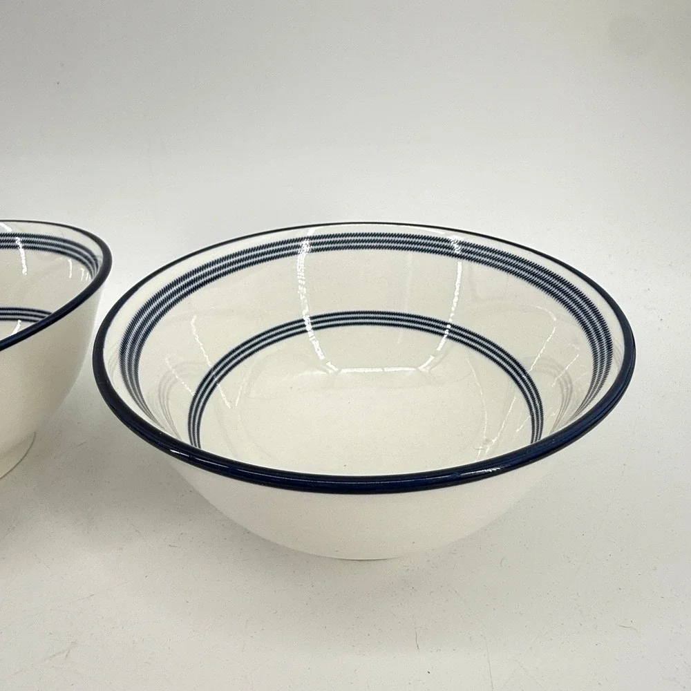 Cereal Bowls Set of 2 White Navy Blue Striped Nautical Coastal Style Tall Soup